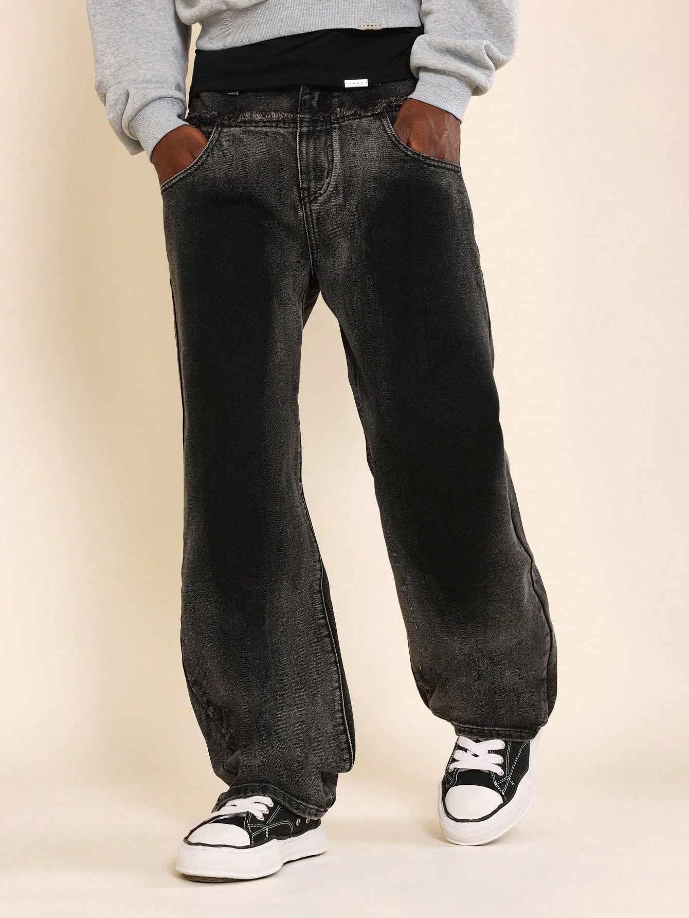 Loose Fit Double Waist Washed Jean