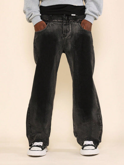 Loose Fit Double Waist Washed Jean